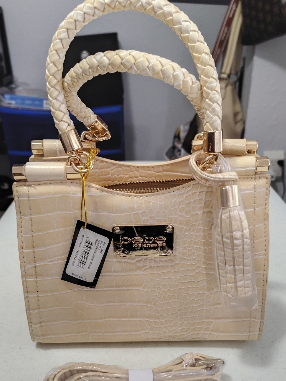 Brand New Bebe Cream Croc-Embossed Top-Handle Satchel With Crossbody Strap